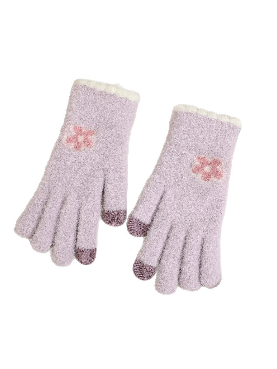 Light purple fuzzy flower gloves on a white background