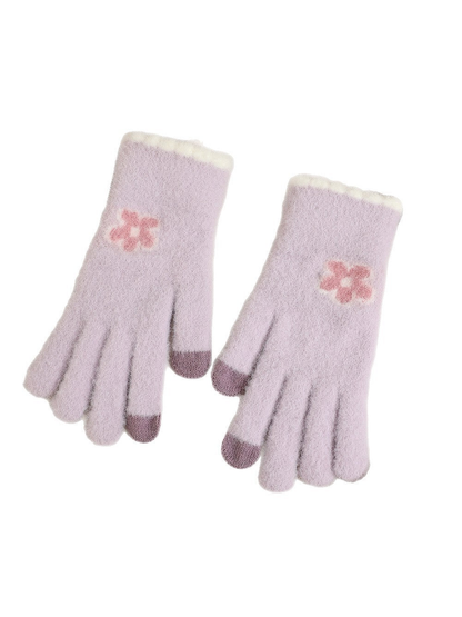 Light purple fuzzy flower gloves on a white background