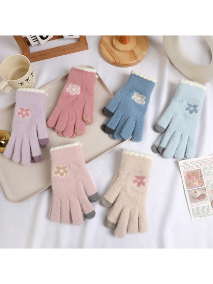 Flower-motif fuzzy gloves in six colors displayed together