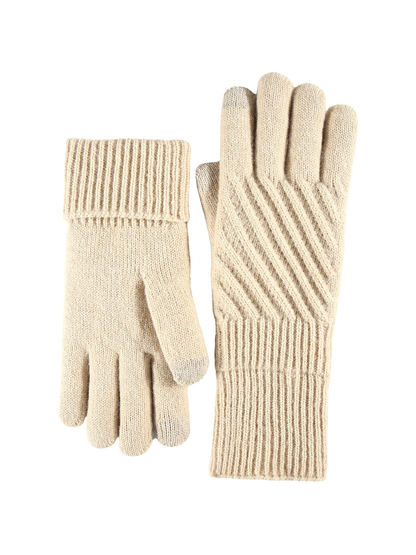 Beige five-finger gloves with diagonal ribbing and folded cuffs