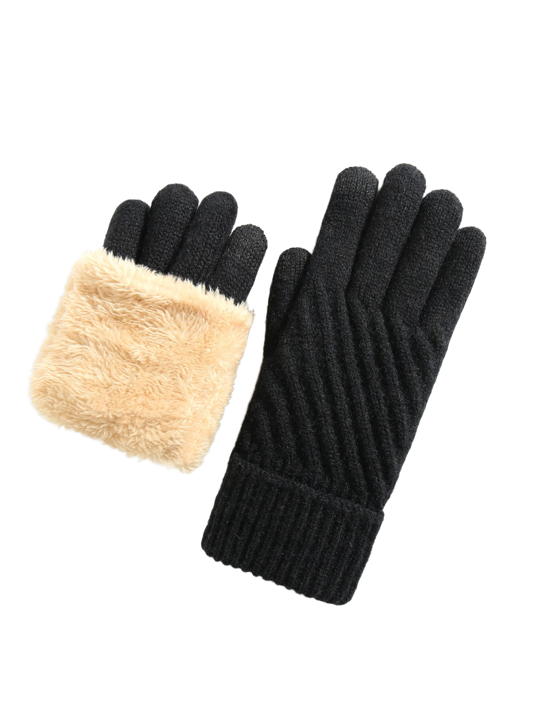 Black five-finger gloves with ribbed cuffs and contrasting plush interior