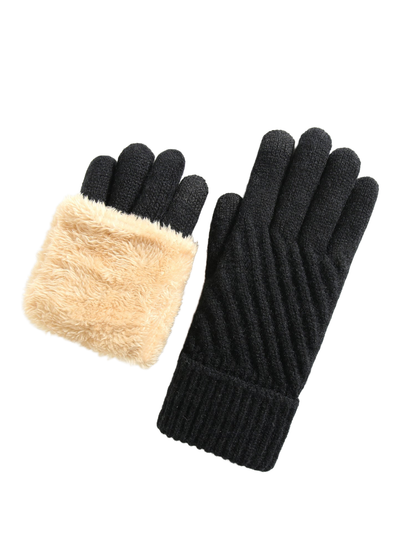 Black five-finger gloves with ribbed cuffs and contrasting plush interior