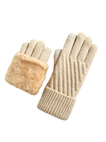 Beige five-finger gloves with ribbed cuffs and contrasting plush interior