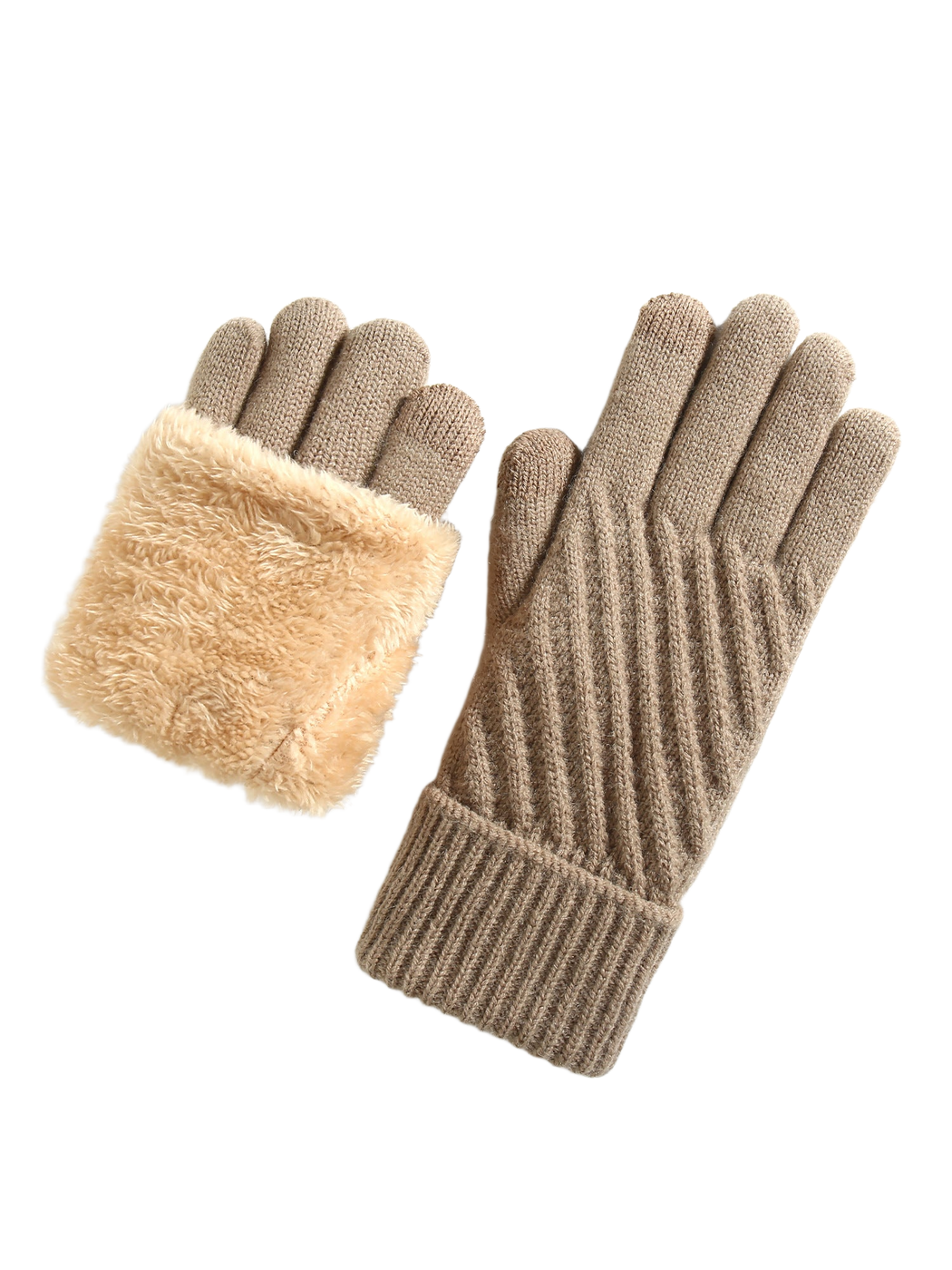 Khaki five-finger gloves with ribbed cuffs and contrasting plush interior