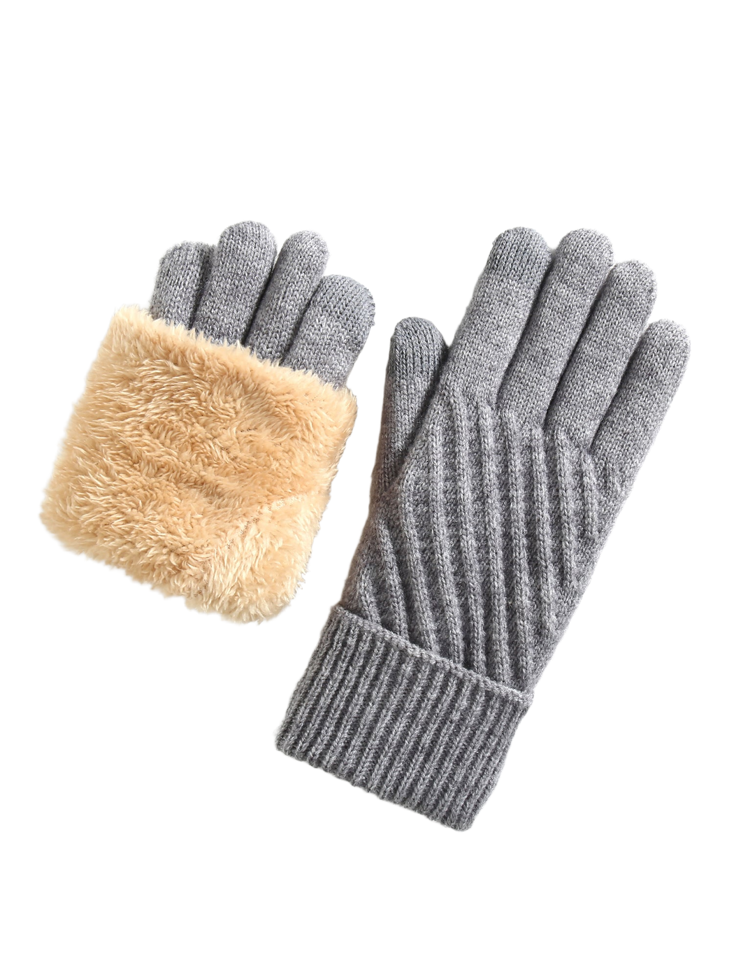 Heather gray five-finger gloves with ribbed cuffs and contrasting plush interior