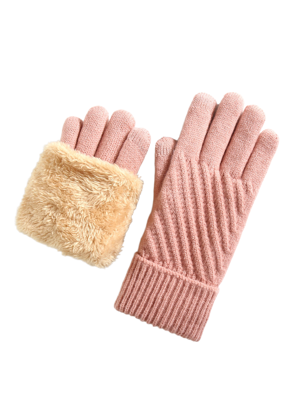 Pink five-finger gloves with ribbed cuffs and contrasting plush interior