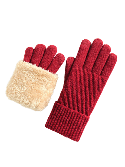 Red five-finger gloves with ribbed cuffs and contrasting plush interior