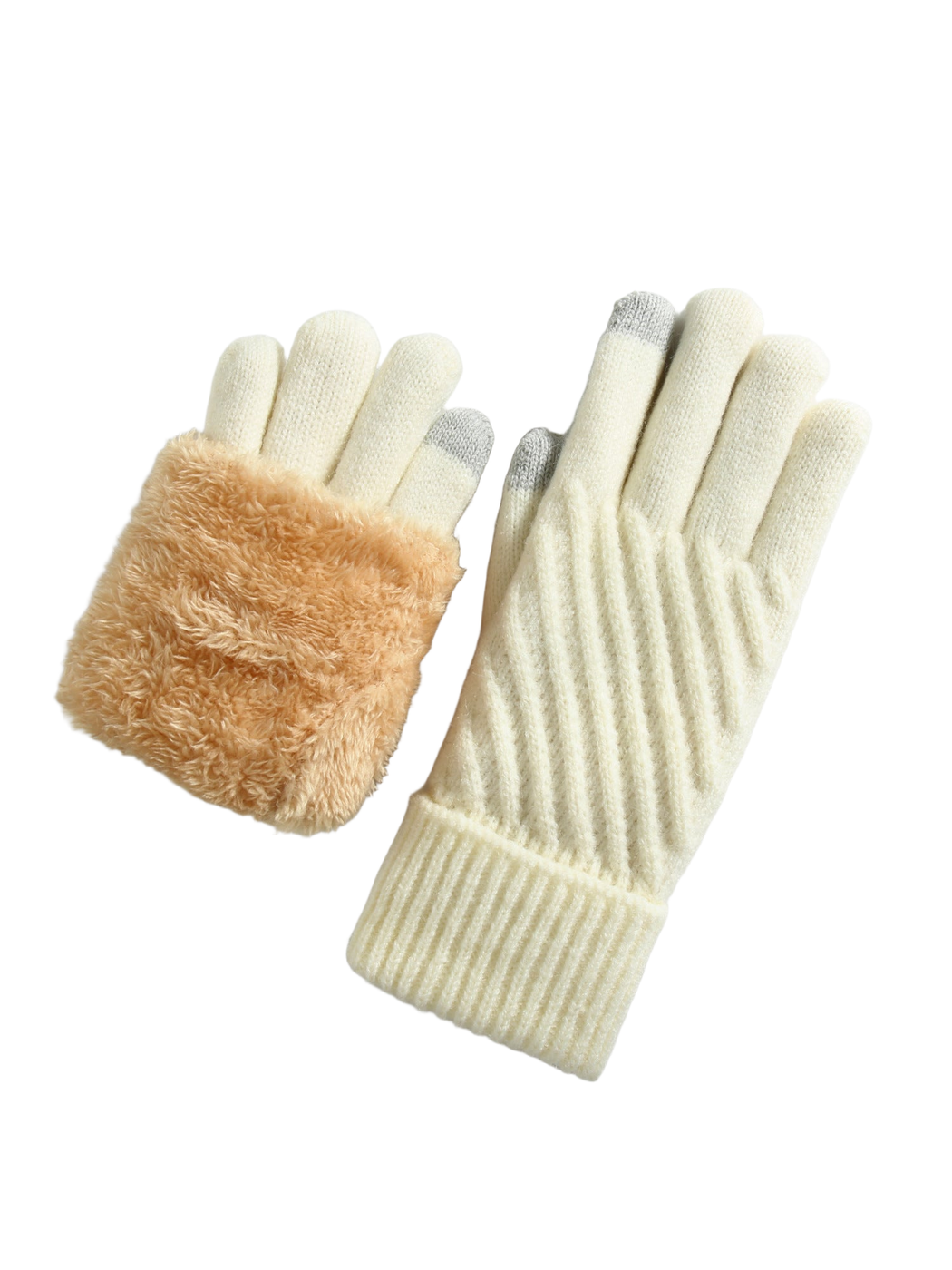 Ivory five-finger gloves with ribbed cuffs, gray fingertips and contrasting plush interior