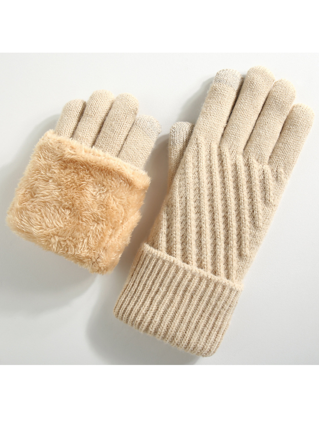 Beige gloves displayed with the contrasting plush interiors visible