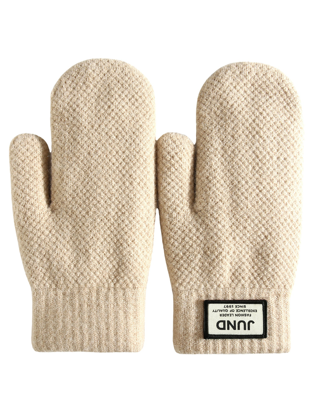 Beige mittens with ribbed cuffs and label patch, front view