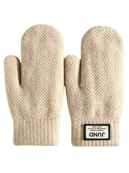 Beige mittens with ribbed cuffs and label patch, front view