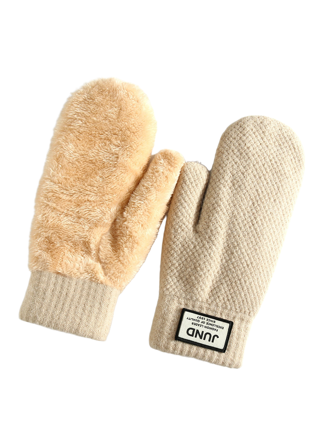 Beige mittens with plush interior and ribbed cuffs