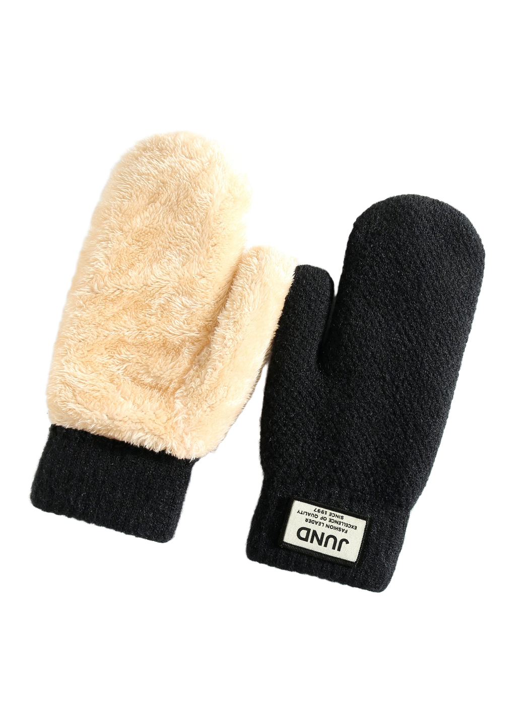 Black mittens with plush interior and ribbed cuffs