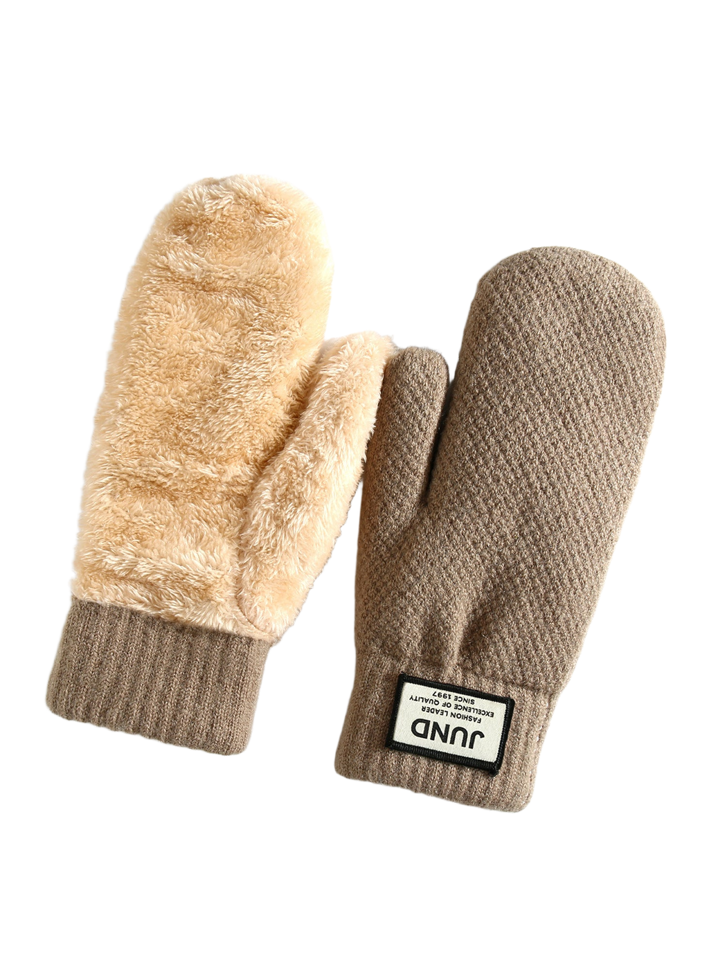 Khaki mittens with plush interior and ribbed cuffs