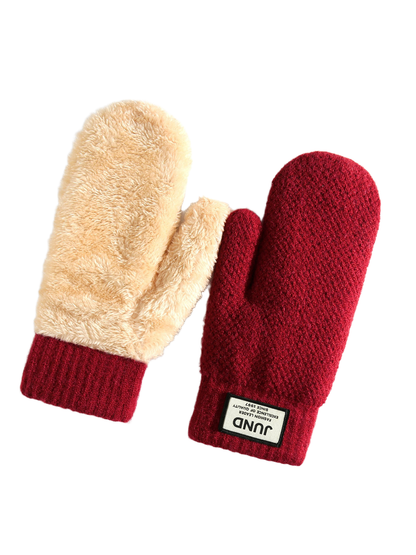 Red mittens with plush interior and ribbed cuffs