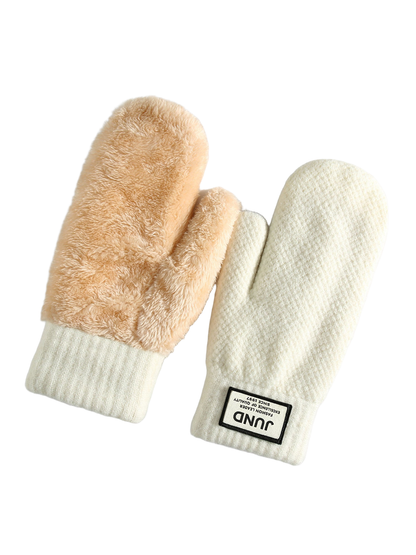 Ivory mittens with plush interior and ribbed cuffs