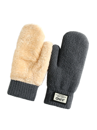 Dark gray mittens with plush interior and ribbed cuffs