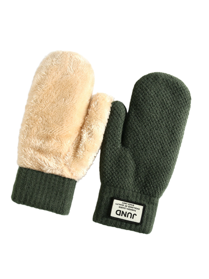 Army green mittens with plush interior and ribbed cuffs