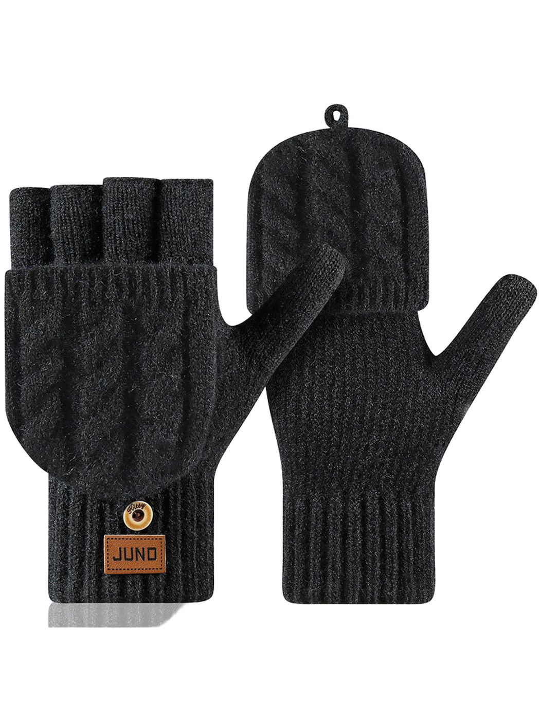 Black convertible cable-knit gloves with fold-over mitten flaps