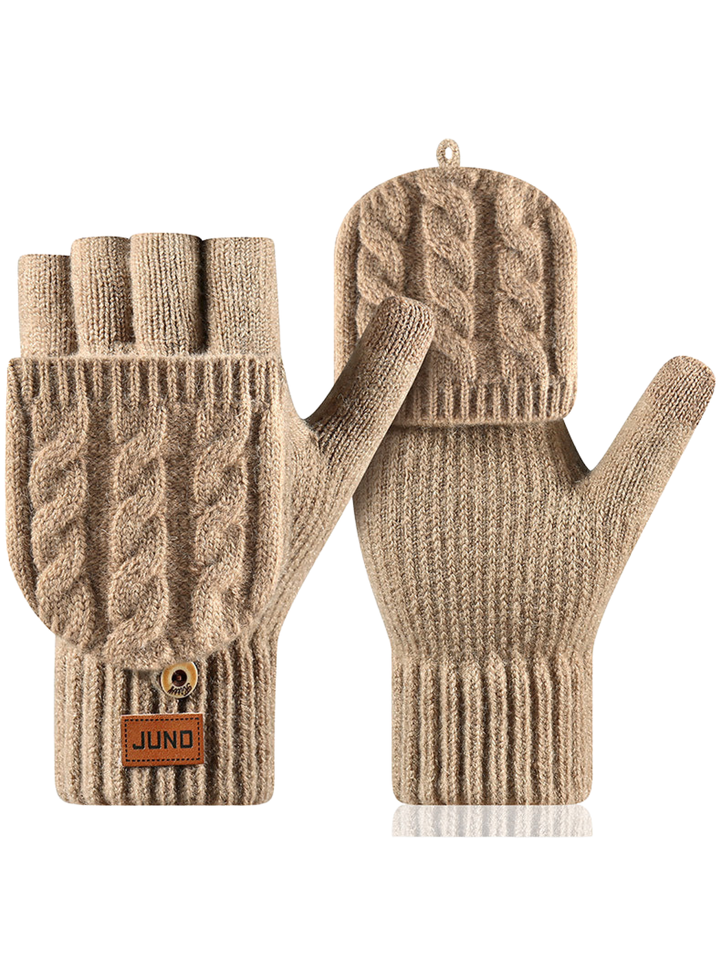 Khaki convertible cable-knit gloves with fold-over mitten flaps