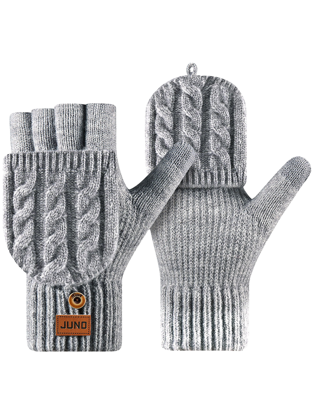 Heather gray convertible cable-knit gloves with fold-over mitten flaps