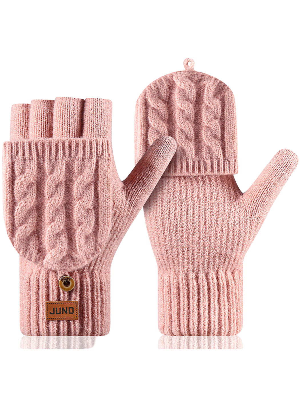 Light pink convertible cable-knit gloves with fold-over mitten flaps