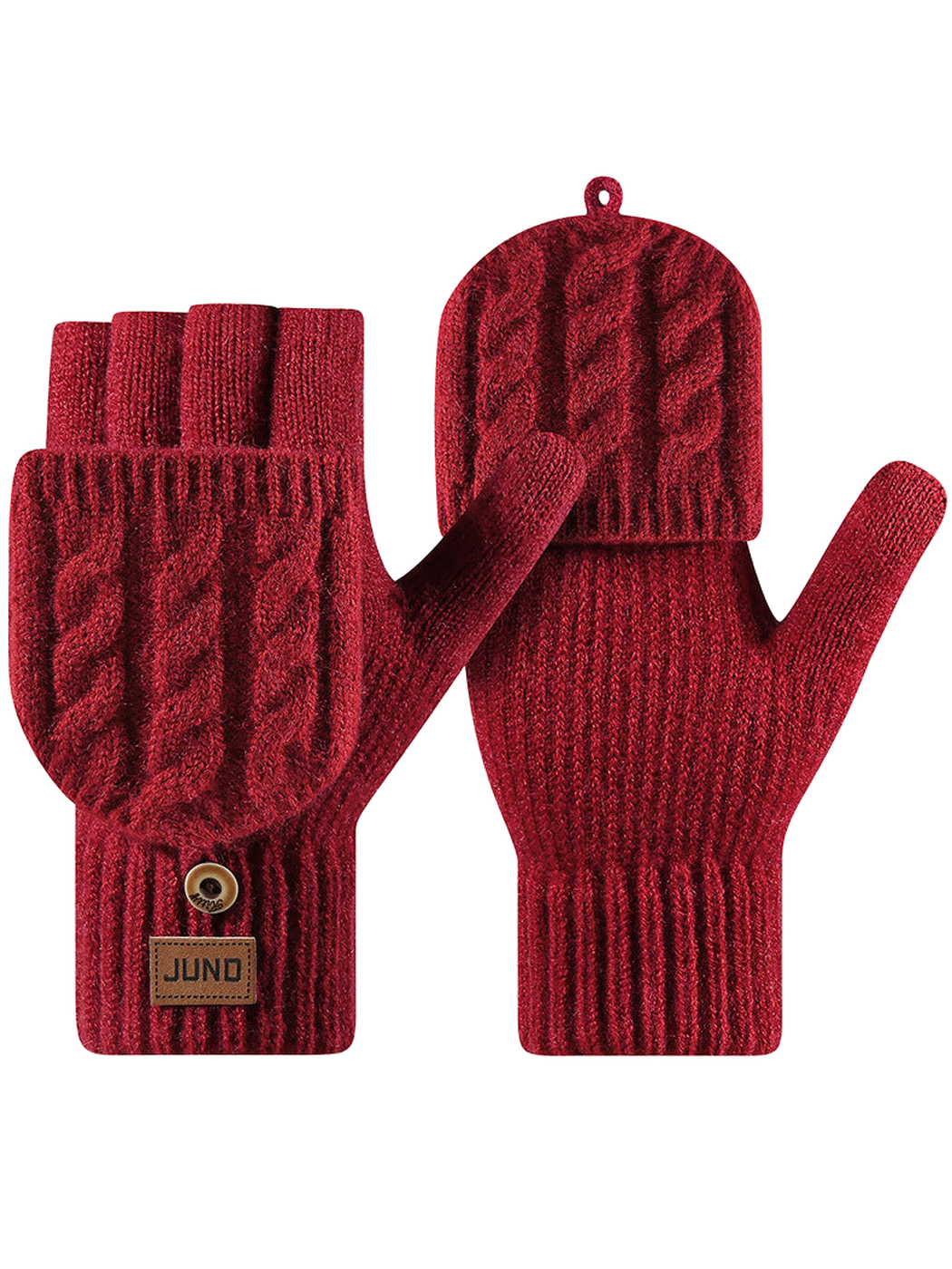 Red convertible cable-knit gloves with fold-over mitten flaps