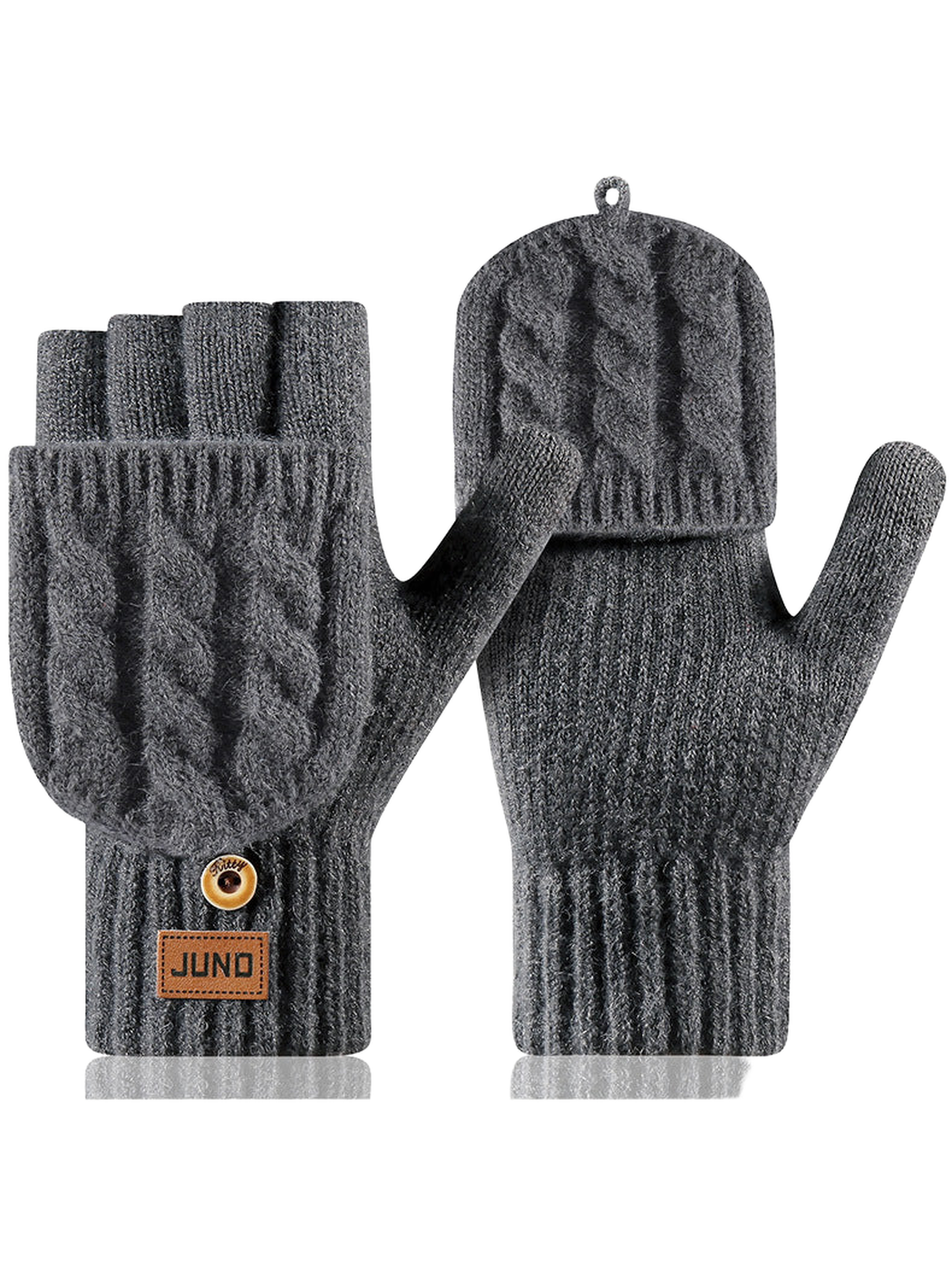 Dark gray convertible cable-knit gloves with fold-over mitten flaps