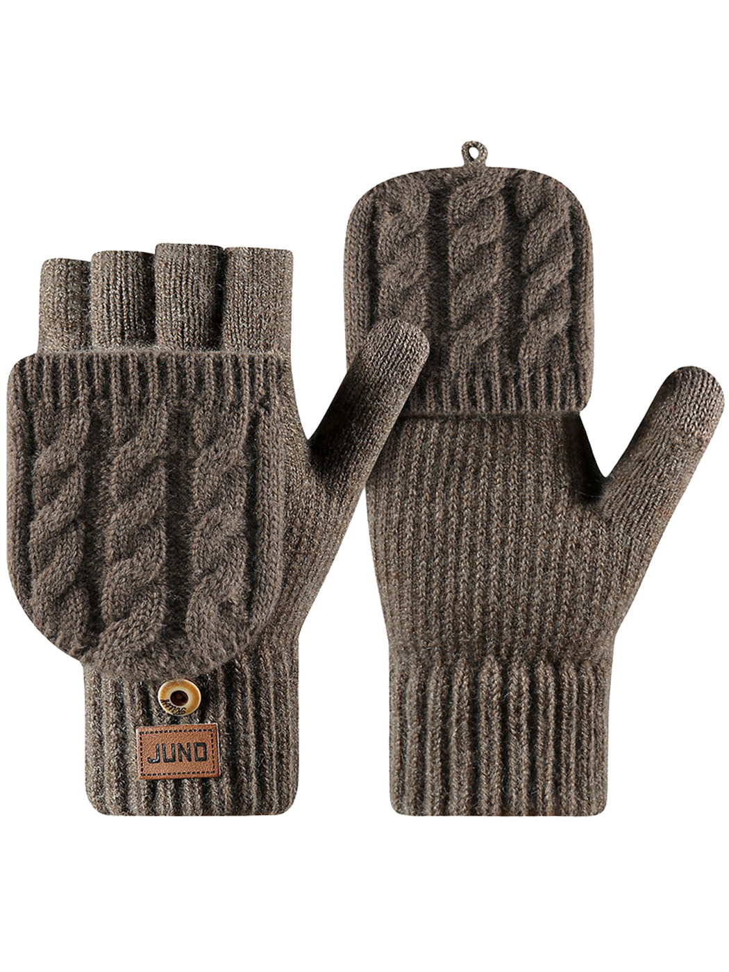 Coffee brown convertible cable-knit gloves with fold-over mitten flaps