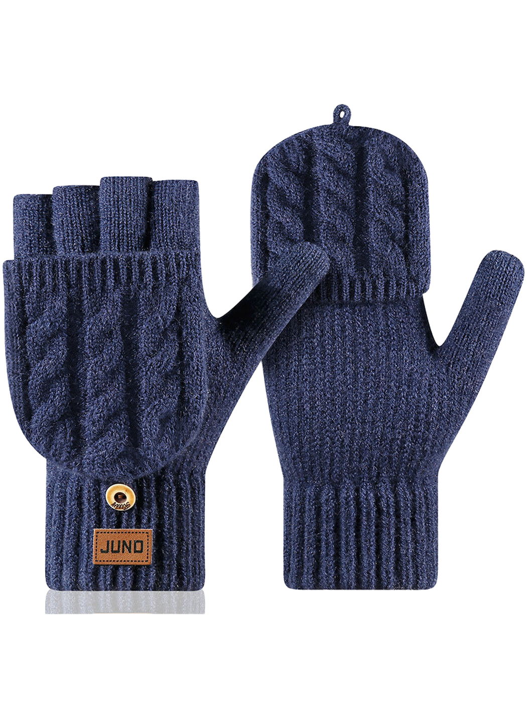 Navy convertible cable-knit gloves with fold-over mitten flaps