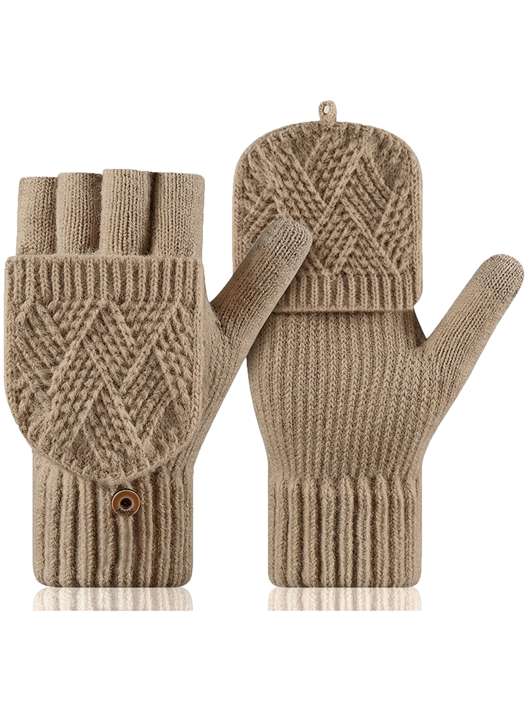 Khaki convertible fingerless gloves with fold-over mitten flaps