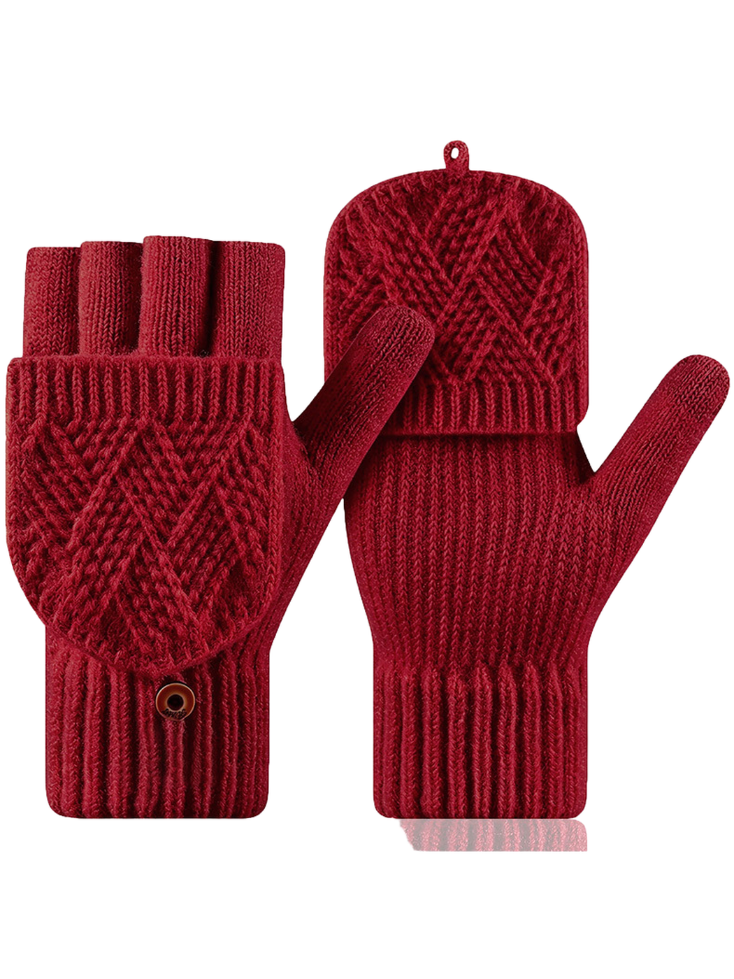 Red convertible fingerless gloves with fold-over mitten flaps
