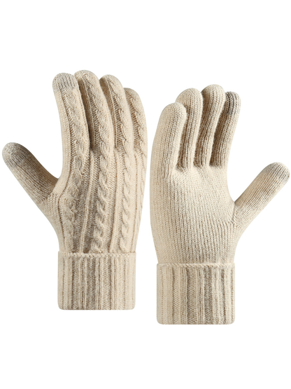 Ivory cable-knit gloves shown from back and palm sides