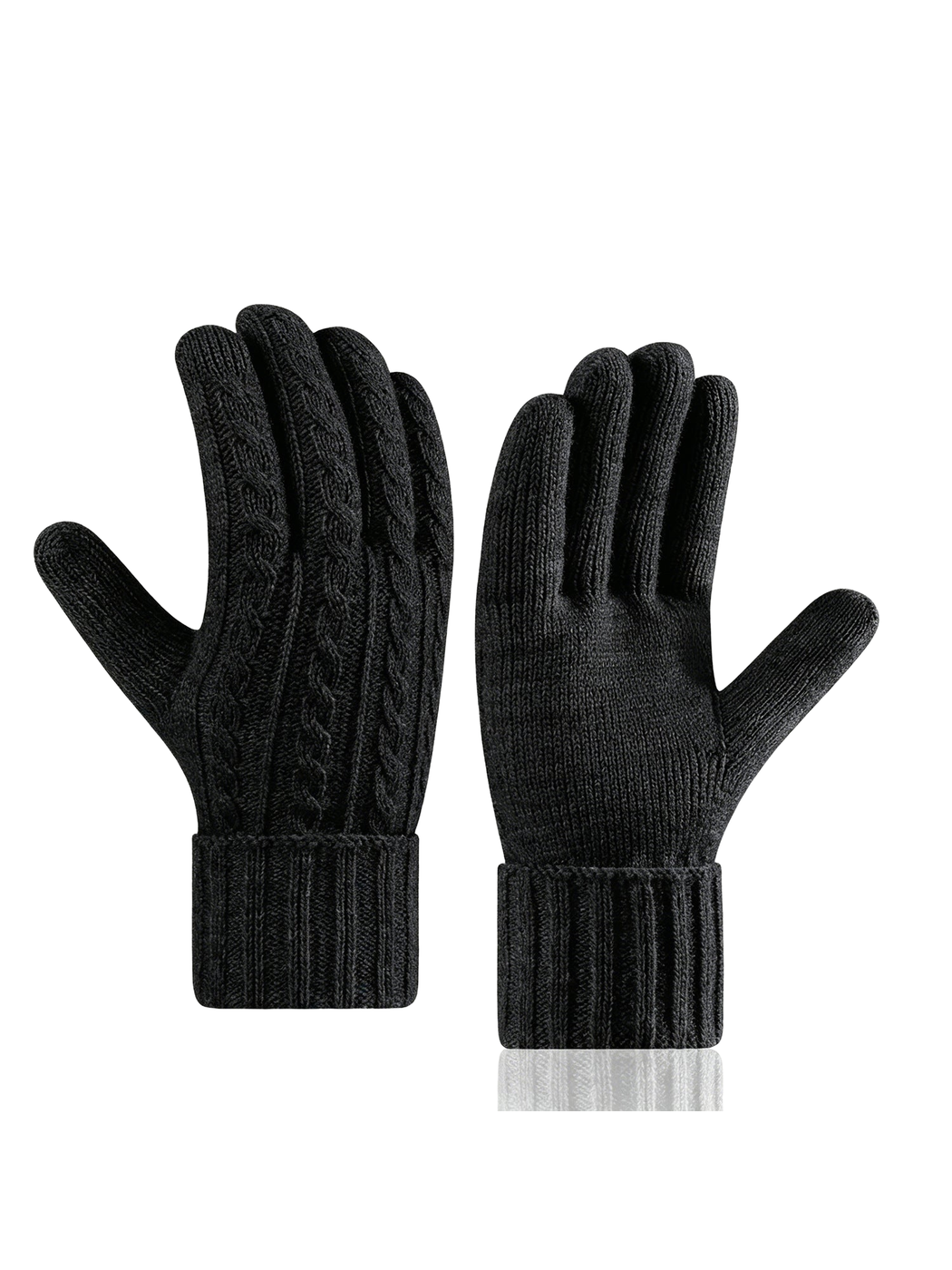 Black cable-knit gloves shown from back and palm sides
