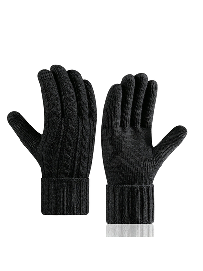 Black cable-knit gloves shown from back and palm sides