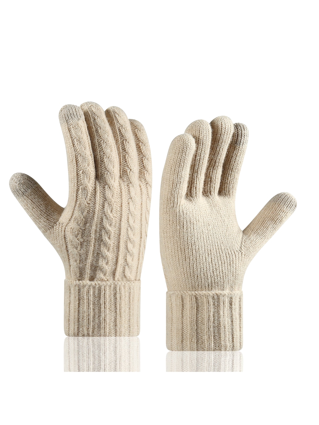 Ivory cable-knit gloves shown from back and palm sides
