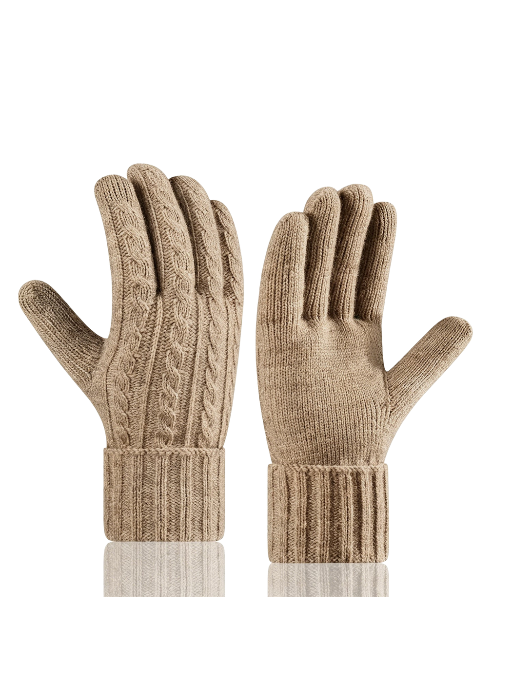 Khaki cable-knit gloves shown from back and palm sides