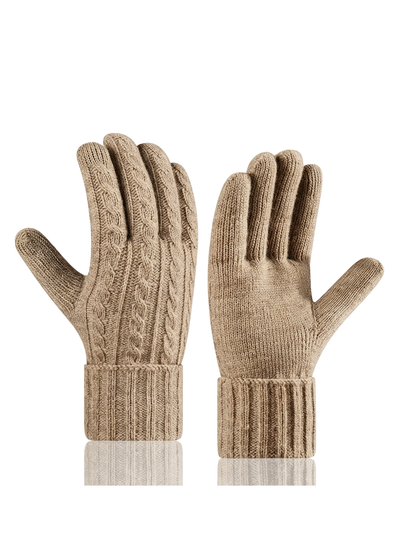 Khaki cable-knit gloves shown from back and palm sides