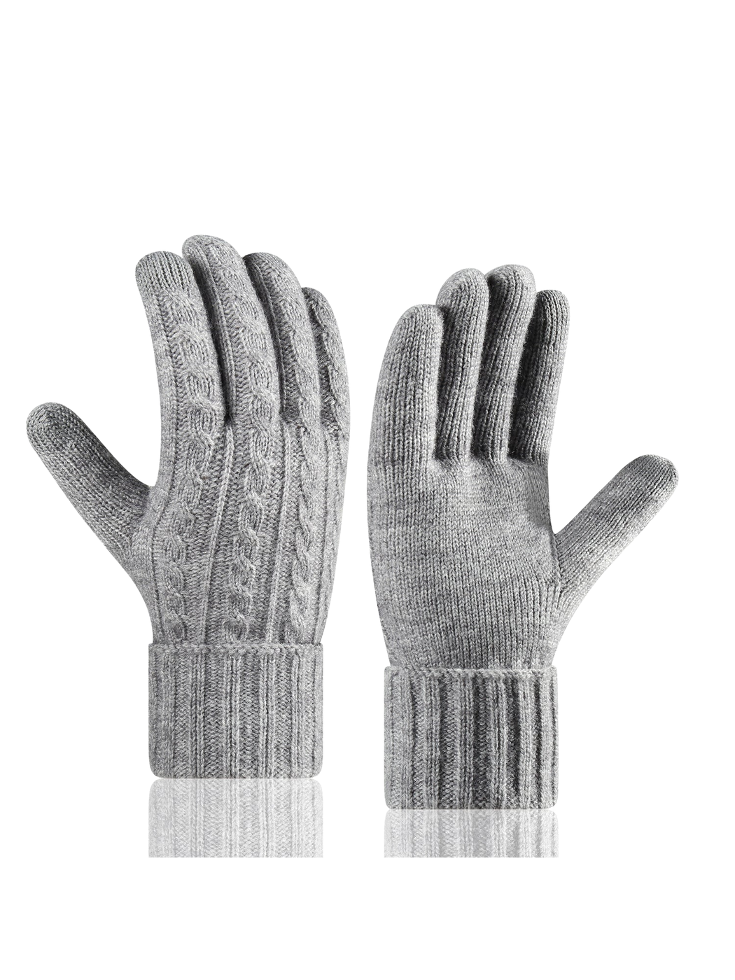 Heather gray cable-knit gloves shown from back and palm sides
