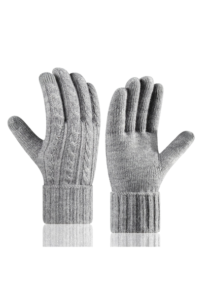 Heather gray cable-knit gloves shown from back and palm sides