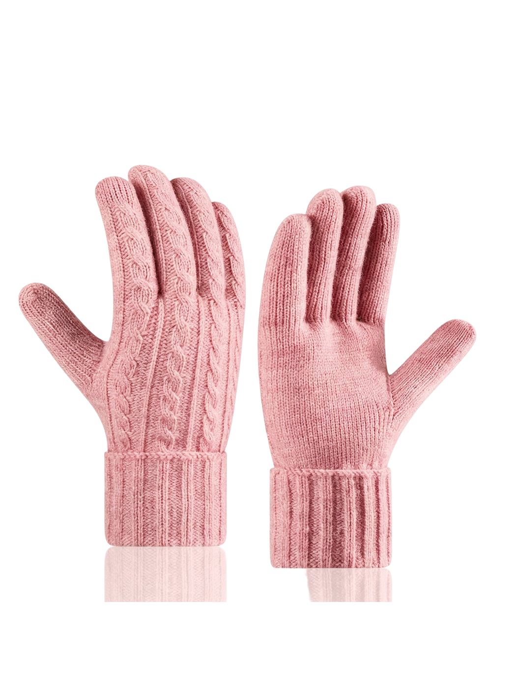 Pink cable-knit gloves shown from back and palm sides