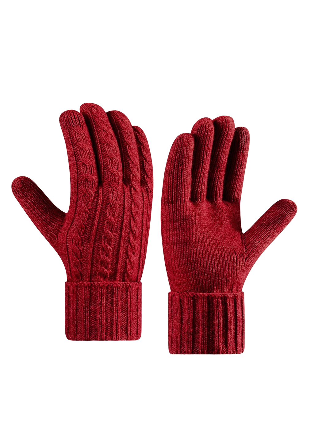 Red cable-knit gloves shown from back and palm sides