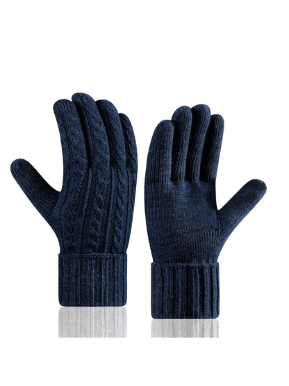 Navy cable-knit gloves shown from back and palm sides