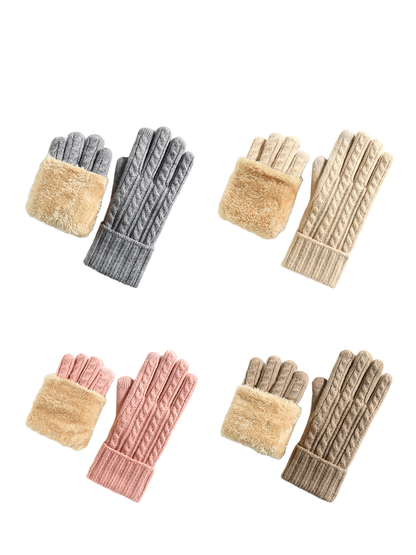 Heather gray, ivory, pink, and khaki cable-knit gloves displayed together
