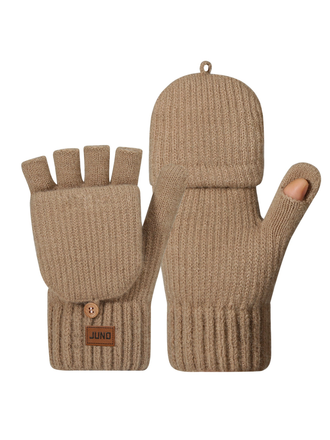 Khaki convertible mittens with fold-back finger covers, front view