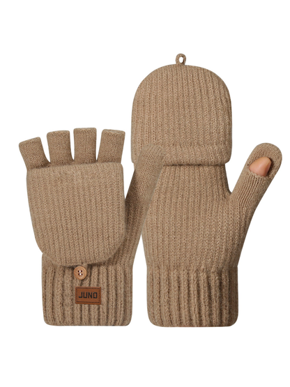 Khaki convertible mittens with fold-back finger covers, front view