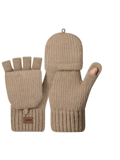 Khaki convertible mittens with fold-back finger covers and plush lining inset
