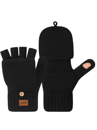 Black convertible mittens with fold-back finger covers