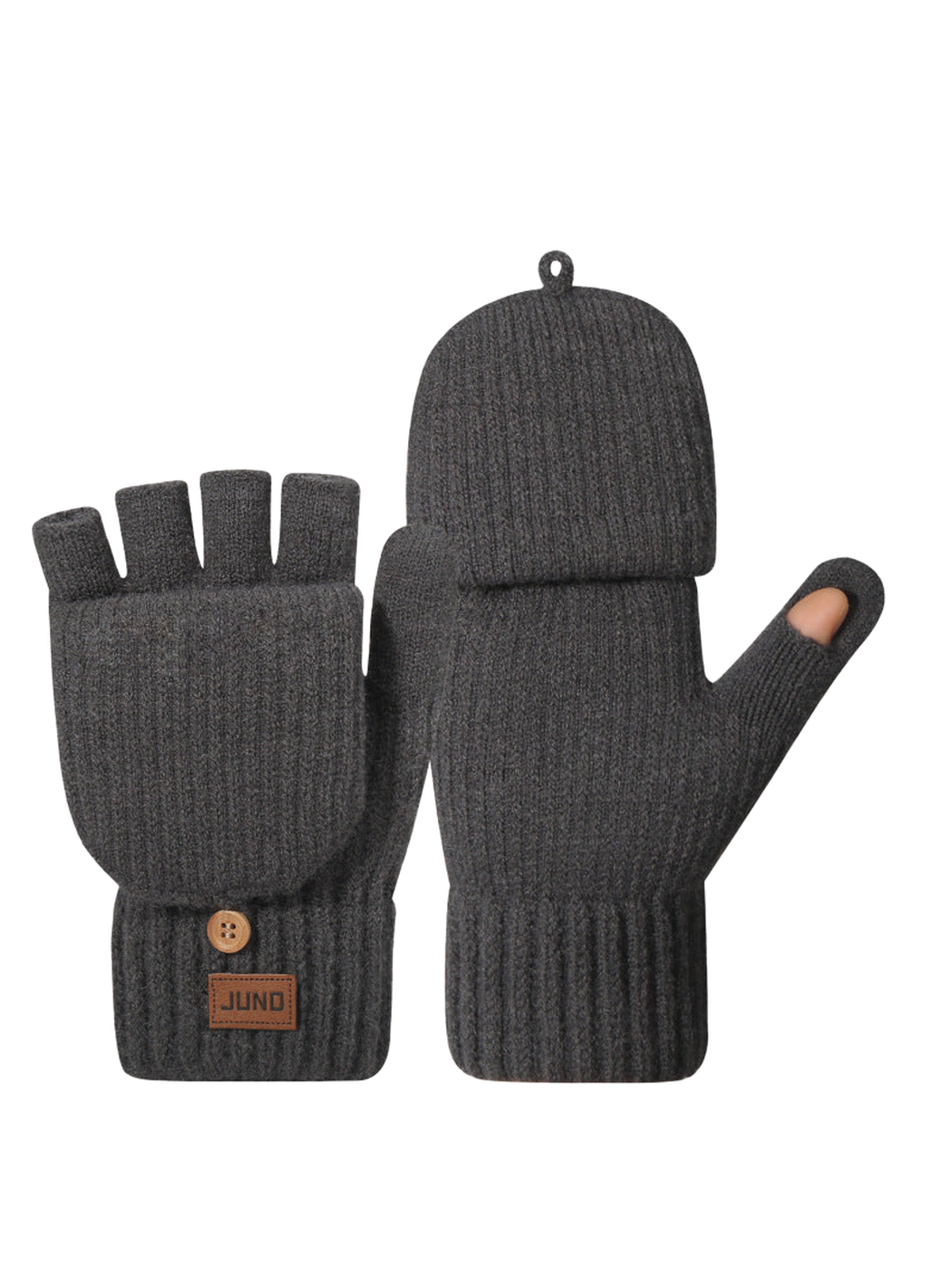 Dark gray convertible mittens with fold-back finger covers