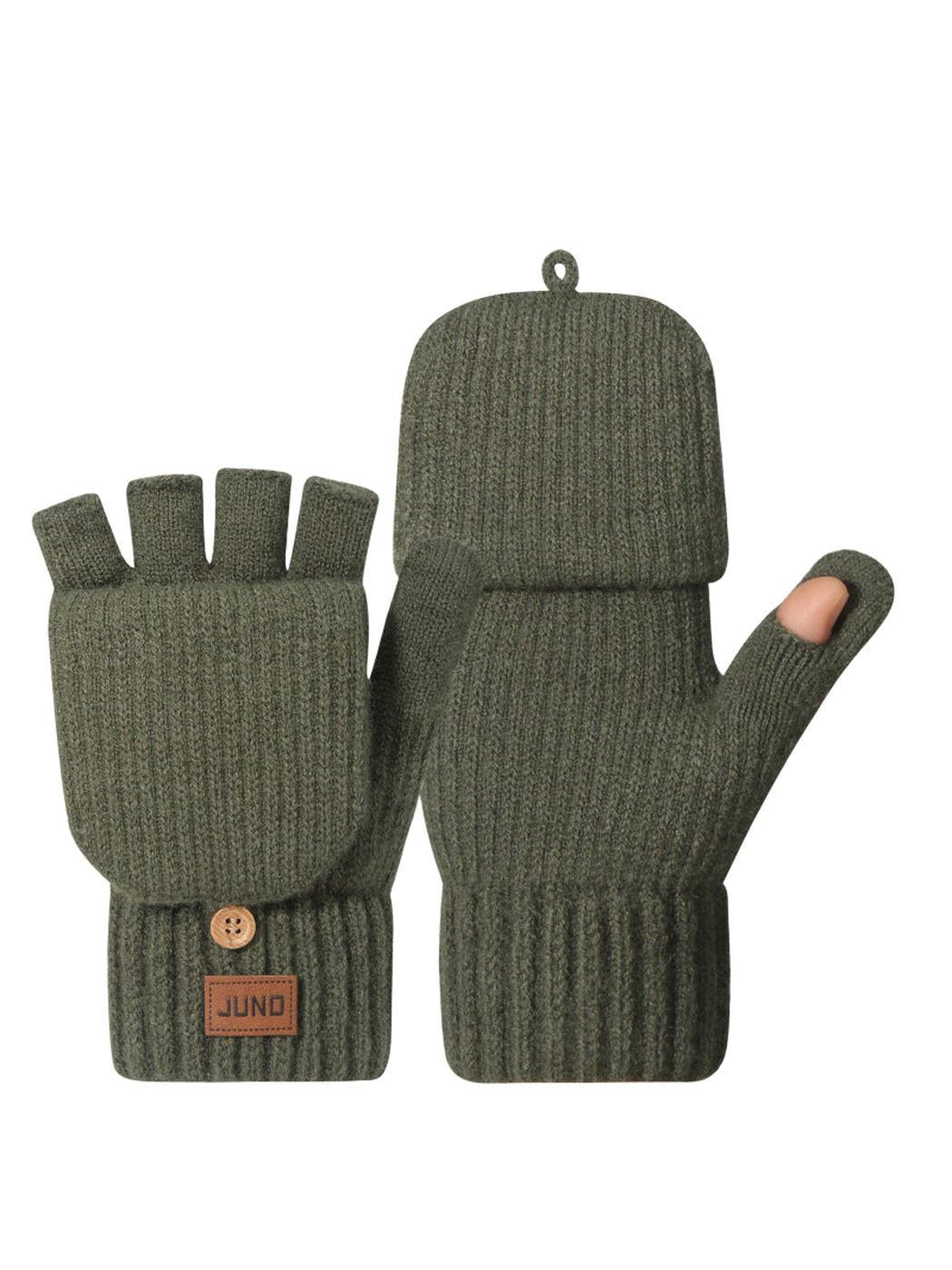 Army green convertible mittens with fold-back finger covers